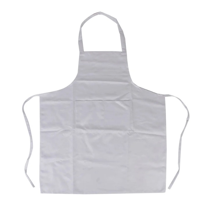 Sort de bucatarie unisex cu guler halter si maneci fara, 73x62cm, alb, cu buzunare