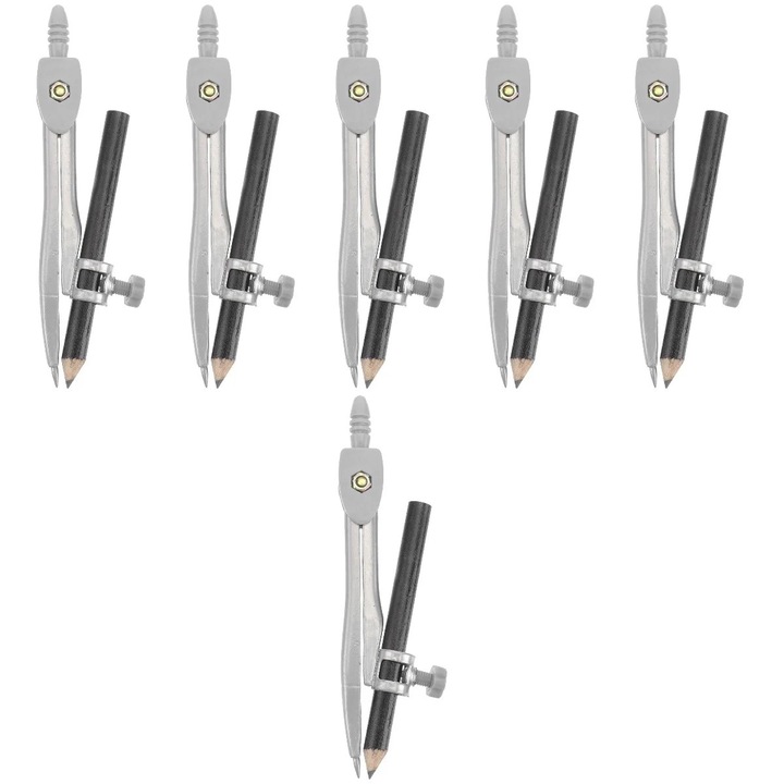 Set instrumente geometrice metalice pentru scoala, 6 piese, multicolor, 12x3x3cm