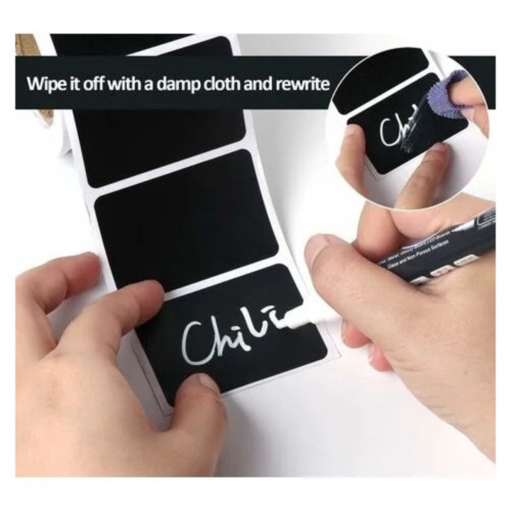 Öntapadós címkekészlet üvegekhez, 150 darab, matt fekete, PVC, többszínű