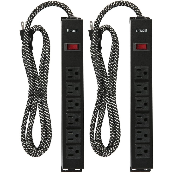 Prelungitoare, 6 prize, metal, 6ft cablu, set de 2, negru