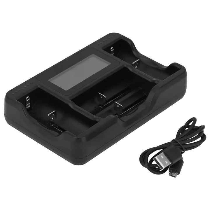Incarcator de baterii reincarcabil cu ecran LCD, 4 sloturi, negru, dimensiuni 15.3x9.8x3cm, cu cablu USB