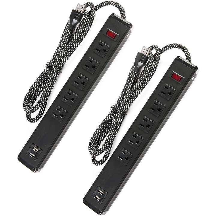 Prelungitor 5 prize cu 2 porturi USB, cablu impletit de 6ft, set 2 bucati