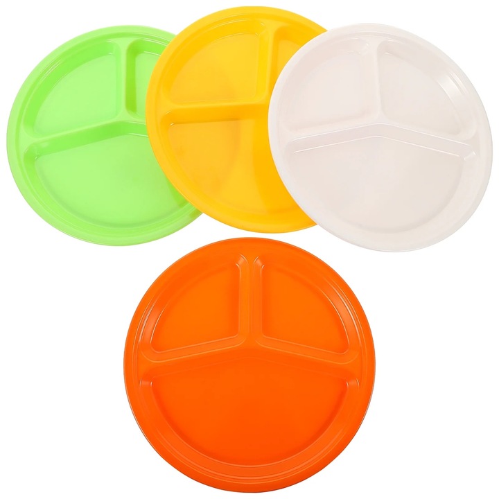 Set 4 farfurii din melamina, 3 compartimente, alb, galben, verde, portocaliu, 26x26x2.5cm