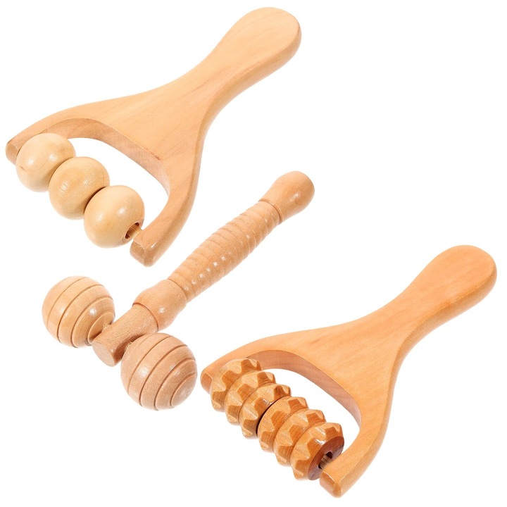Roller de masaj din lemn, 15x8x2.5cm, design ergonomic, set de 3 piese