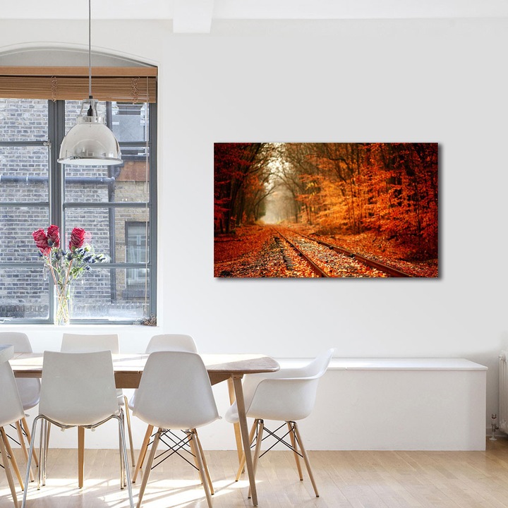 Tablou Canvas Peisaj de Toamna cu Frunze pe calea ferata, 60 x 90 cm