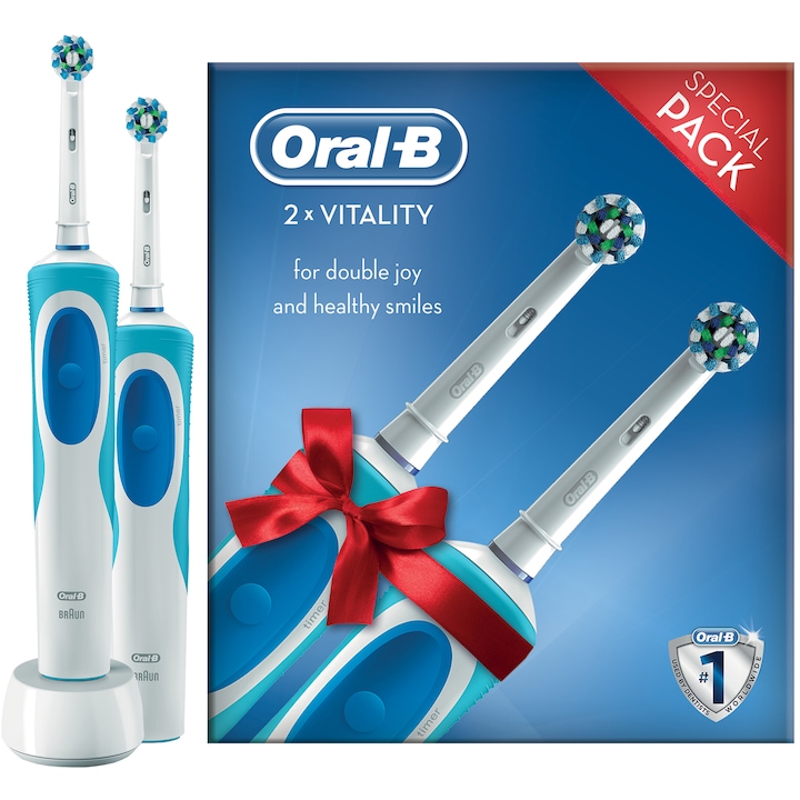 Set 2 Periute de dinti electrice Oral-B Vitality Cross Action, 7600 oscilatii/min, Curatare 2D, 1 program, 2 capate, Alb/Albastru
