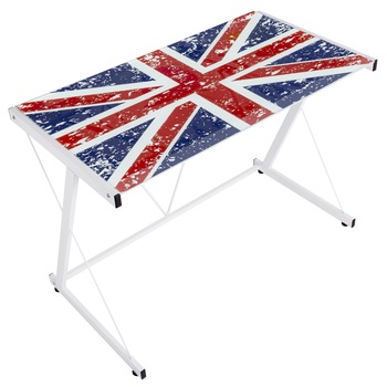 Birou Bizzotto, English, cu model steagul Angliei, blat din sticla 8mm, 90x55x75cm, Alb Birou Bizzotto, English, cu model steagul Angliei, blat din sticla 8mm, 90x55x75cm, Alb