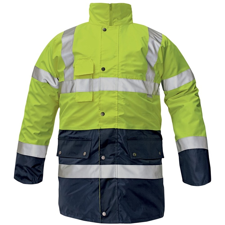 Jacheta reflectorizanta Cerva Biroad HV, jacheta interioara si vesta sunt detasabile, izolata termic, impermeabila, cu benzi reflectorizante, galben/albastru, marimea L