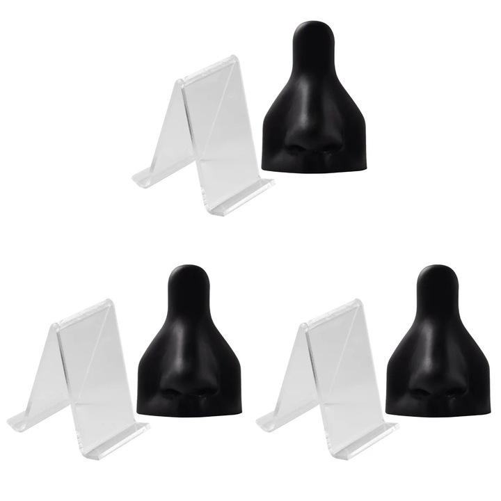 Set de 3 suporturi de corp pentru piercing, model nas din silicon, negru, 8x7x5cm, 7.6x5.2x2cm