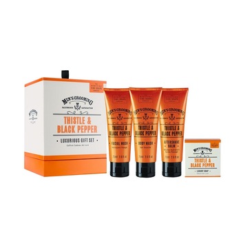 Set cadou Men’s Grooming: Gel de curatare a fetei 75ml, Gel de dus 75ml, After shave balsam 75ml, Sapun 40g Set cadou Men’s Grooming: Gel de curatare a fetei 75ml, Gel de dus 75ml, After shave balsam 75ml, Sapun 40g