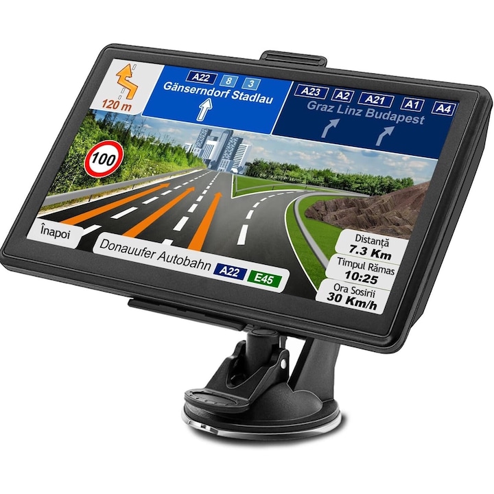 Navigatie Auto GPS Profesionala si Universala Ventlex, Ecran Tactil 7 inch, Ghidaj Vocal, Meniu Inteligent in 29 de Limbi Europene inclusiv Limba Romana, Harti Full Europa, UK, Actualizari Gratuite, Semnal GPS Precis, TIR, Camion, Autoturism, ADR, Negru