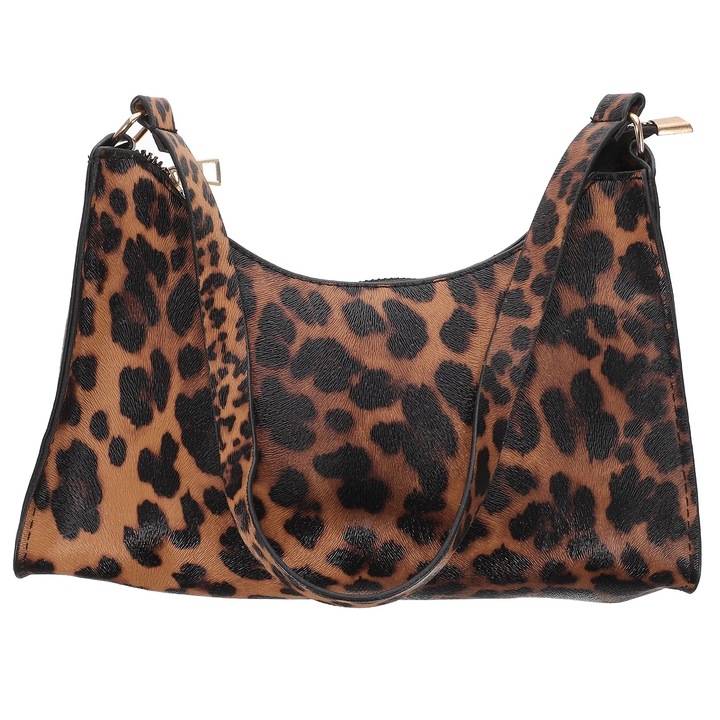Geanta umar femei, leopard, maro/ negru, poliuretan, 25.50x16.50x7.00cm
