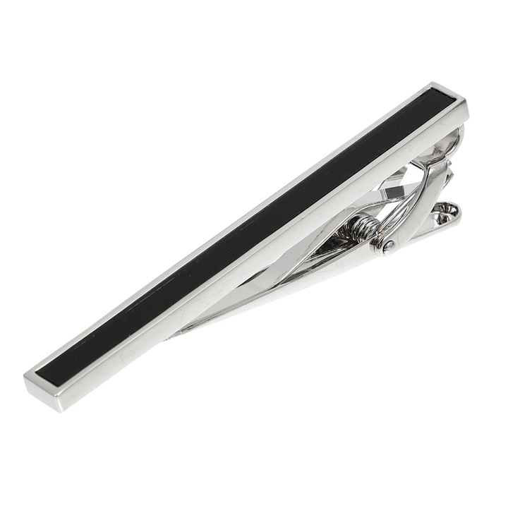 Clips cravata barbati, argintiu/ negru, reglabil, set 1 bucata, din cupru