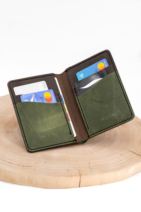 Portofel pentru carte identitate, din piele naturala, cusut manual, Maro - verde, 12.5x9 cm