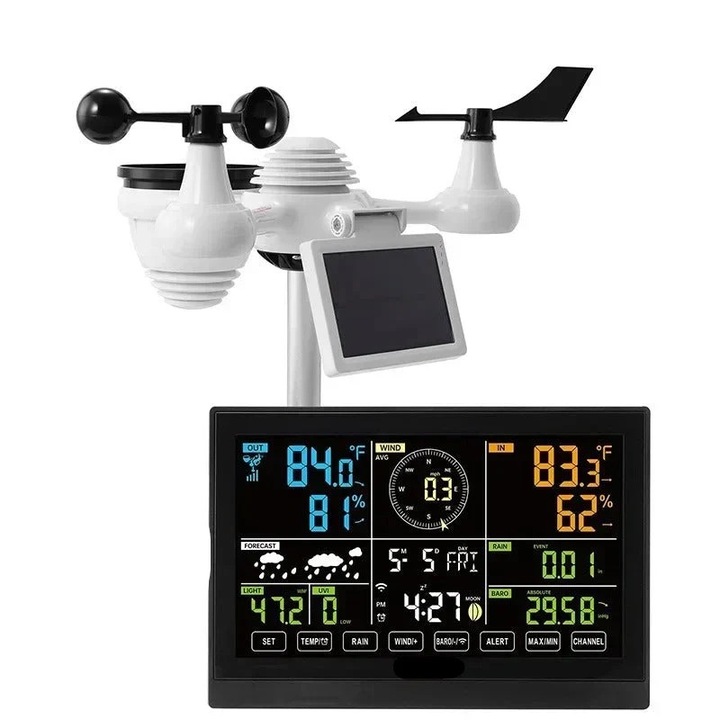 7-в-1 безжична метеорологична станция, Vevor, 7,5" цветен дисплей, слънчева енергия, комплект за наблюдение