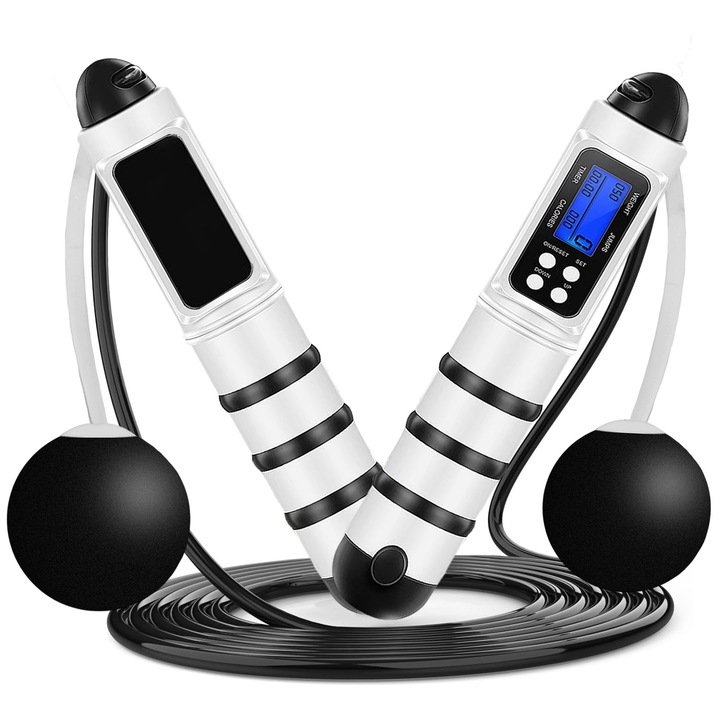 BYONDSELF® Интелигентно въже за скачане, с LED дисплей, безжично/кабелно 2 режима, акумулаторно фитнес въже с брояч, PVC регулируемо против заплитане, подходящо за мъже, жени и деца, закрито/външно, черно и бяло