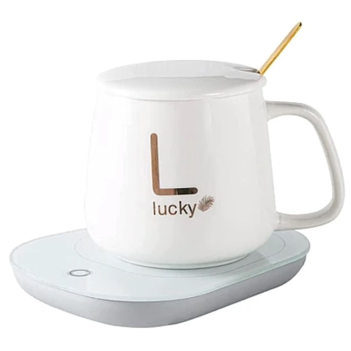 Комплект чаша с нагревател Digital One SP01020, с капак, лъжичка, за поддържане на топли напитки, бяла