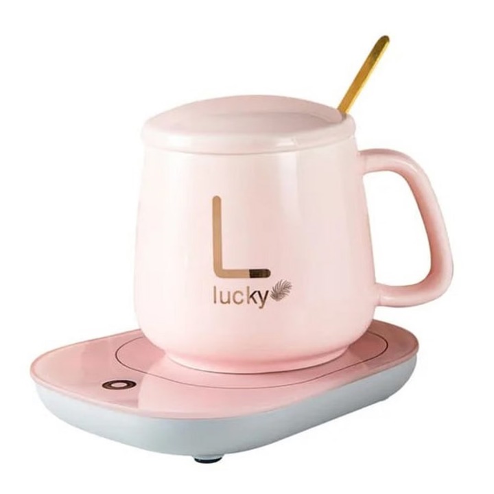 Комплект чаша с нагревател Digital One SP01021, с капак, лъжичка, за поддържане на топли напитки, розова