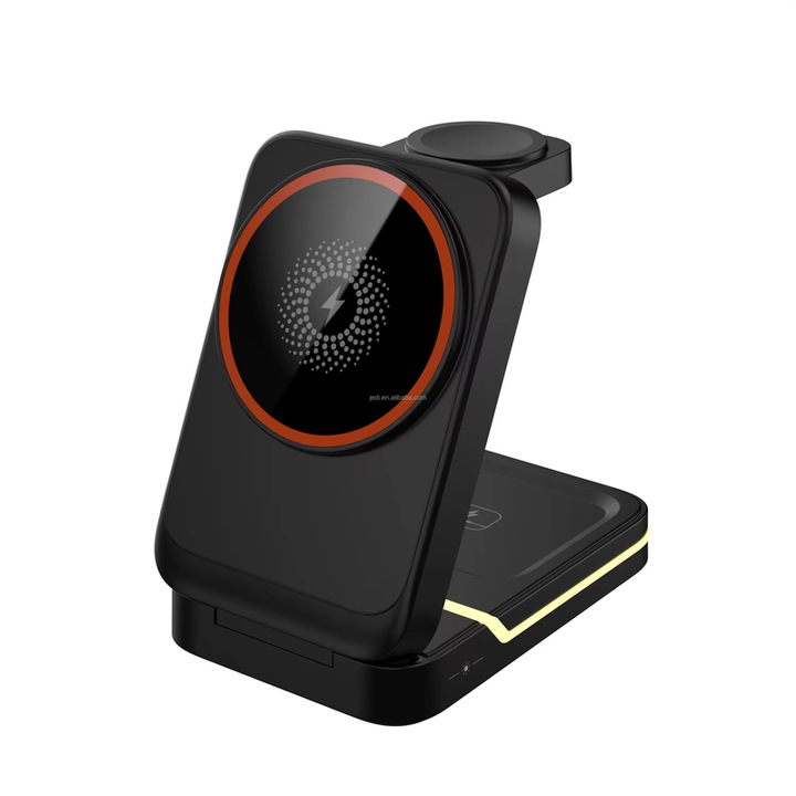 Incarcator wireless 3 in 1, magnetic, pliabil, negru, 15W, 15x15x14cm