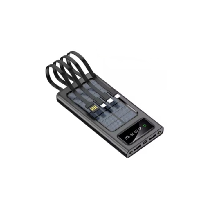 Baterie externa Powerbank, solar, 50000 mAh, lanterne cu LED, 4 porturi, Powerbank cu incarcare solara, afisaj digital, negru