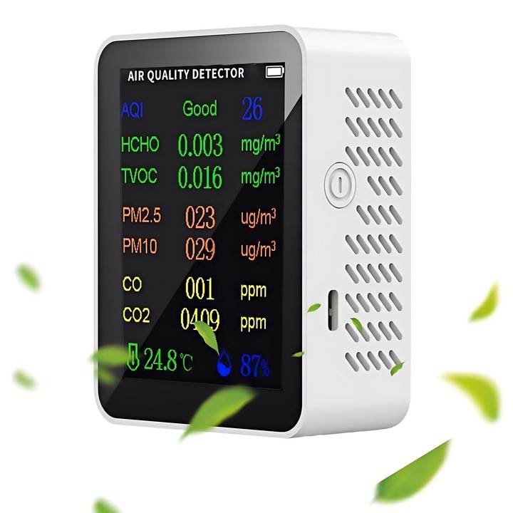 10 az 1-ben levegőminőség érzékelő, fekete, méretek 90x70x35mm, monitorozás PM2.5, PM10, HCHO, TVOC, CO2, Falra szerelhető, Orber, ABS, Fehér