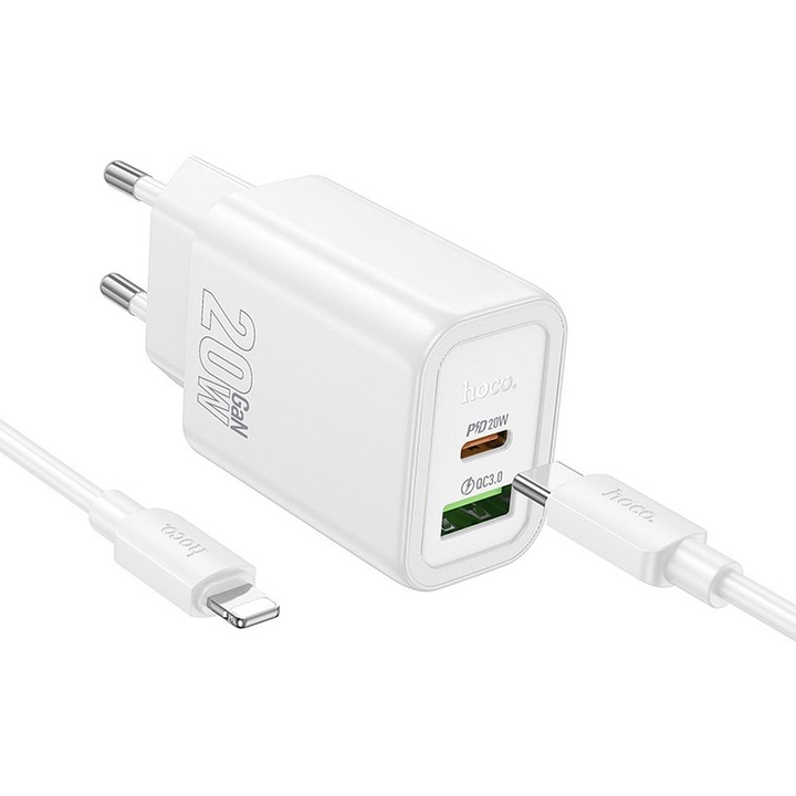 Incarcator: HOCO N61 - Port compatibil USB/Type-C (USB-C) adaptor de alimentare alb 3A 20W + Type-C (USB-C) / Cablu Lightning (1m)