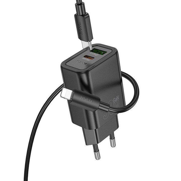 Töltő: HOCO N63 - USB/Type-C (USB-C) kompatibilis portos fekete hálózati töltőfej 3A 30W + Type-C (USB-C) / Lightning kábel (1m)