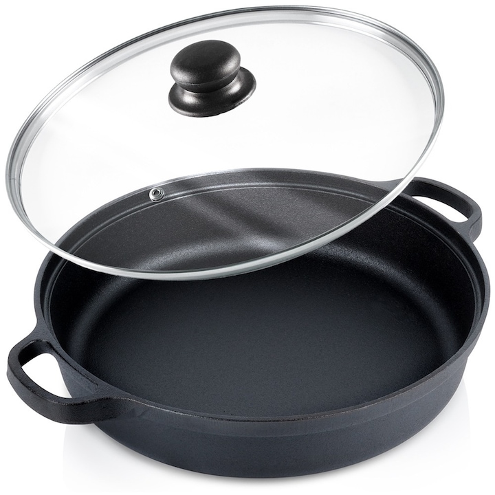 Дълбок тиган, Vilde, Чугун 30 см, Със стъклен капак, Черен, Вместимост 3.5 л, Устойчив на висока температура, Ергономични дръжки