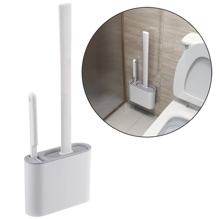 Perie Alba WC 2in1 CCmax cu 2 perii, Cap Flexibil din Silicon pentru Vasul de Toaleta si Periuta pentru Curatar Locuri Greu Accesibile, cu Suport Autoadeziv pe Perete