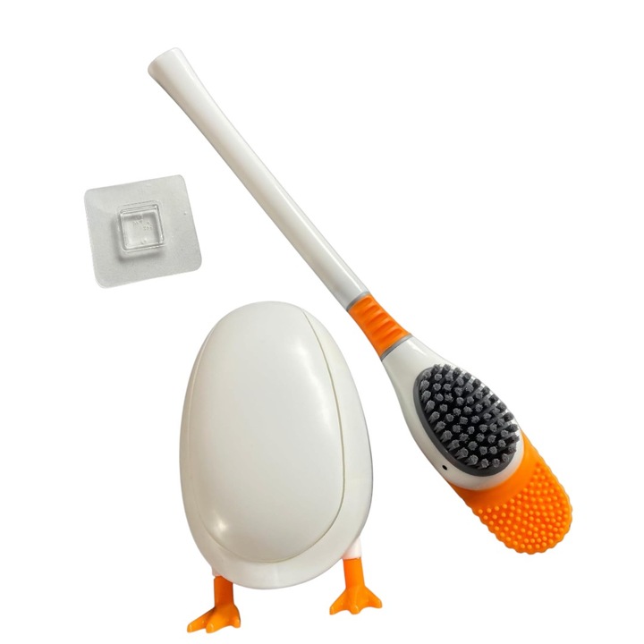 Perie pentru curatare toaleta si cada in forma de ratusca, uscare rapida, pentru perete sau podea, 2 tipuri de curatare, silicon, suport inchis/deschis igienic, acasa, scoala, hotel, birou