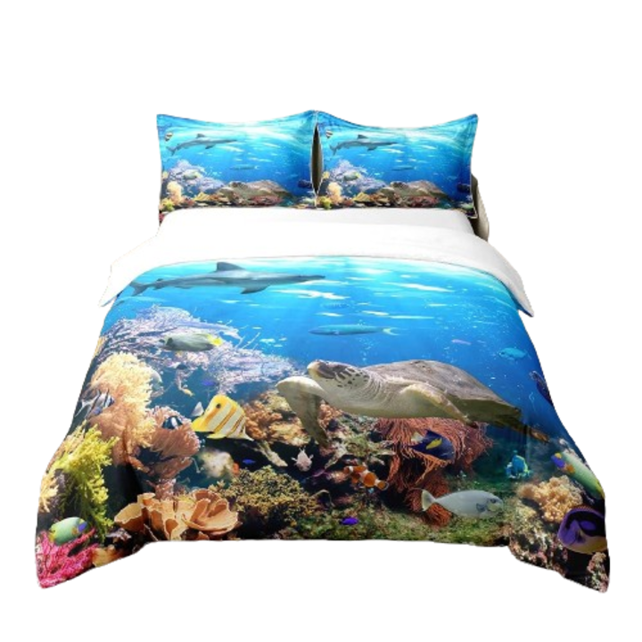 100% pamut paplanhuzat, tengeri állatmintával 140 x 200 cm, 65 x 65 cm-es párnahuzattal, Többszínű