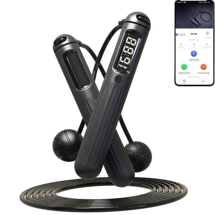 Coarda de sarit, BYONDSELF, inteligenta, cu afisaj LED, conexiune Bluetooth, PVC anti-incalcire, Negru, reincarcabila