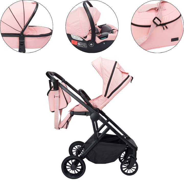Carucior premium 3 in 1 Velvet Glow – Landou + Scaun auto + Accesorii incluse (Geanta, suport pahar, plasa anti-insecte), Scaun reversibil, Complet reglabil, Design elegant, Cadru aluminiu, Roti fara aer, De la 0 la 22 kg, VelvetKidS