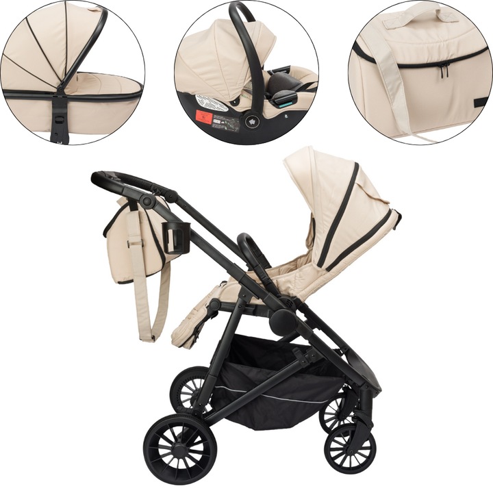 Carucior premium 3 in 1 Velvet Gentle – Landou + Scaun auto + Accesorii incluse (Geanta, suport pahar, plasa anti-insecte), Scaun reversibil, Complet reglabil, Design elegant, Cadru aluminiu, Roti fara aer, De la 0 la 22 kg, VelvetKidS