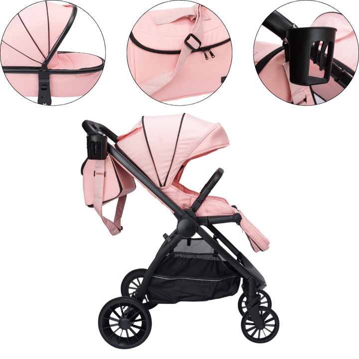 Carucior premium 2 in 1 Velvet Rose – Landou + Accesorii incluse (Geanta, suport pahar, plasa anti-insecte), Scaun reversibil, Design elegant, Cadru aluminiu, Roti fara aer, De la 0 la 22 kg, VelvetKidS