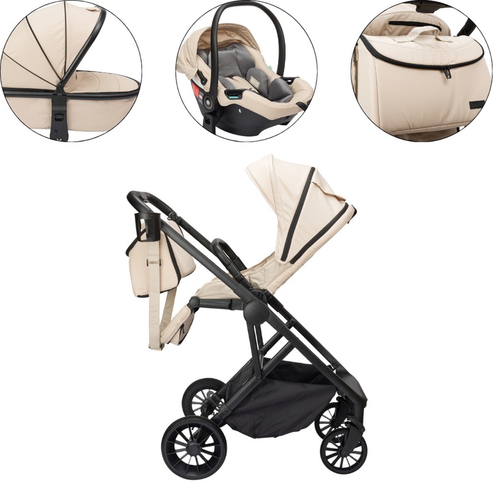 Carucior premium 3 in 1 Velvet Vanilla – Landou + Scaun auto + Accesorii incluse (Geanta, suport pahar, plasa anti-insecte), Scaun reversibil, Complet reglabil, Design elegant, Cadru aluminiu, Roti fara aer, De la 0 la 22 kg, VelvetKidS