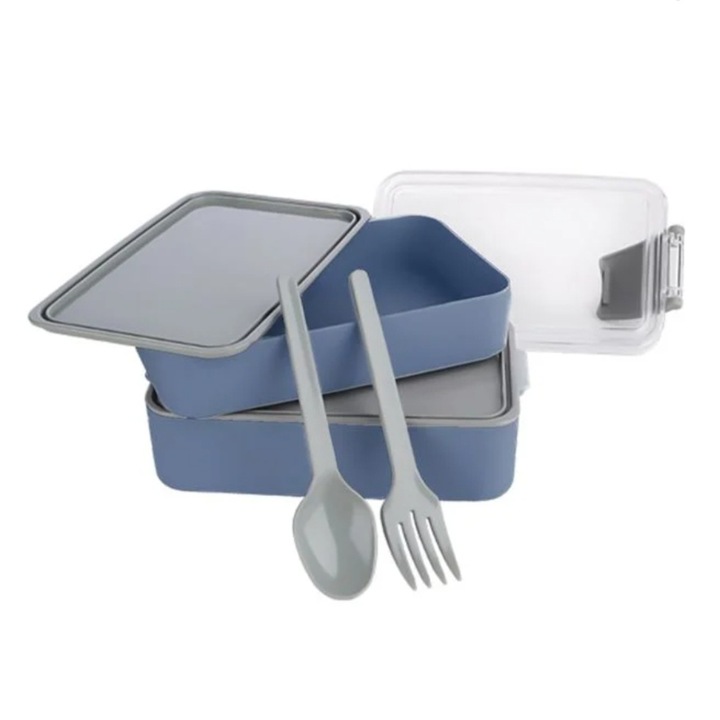 Caserola alimente dubla, cu furculita si lingura, plastic, albastru/gri, 400+500ml, 16x10x9cm