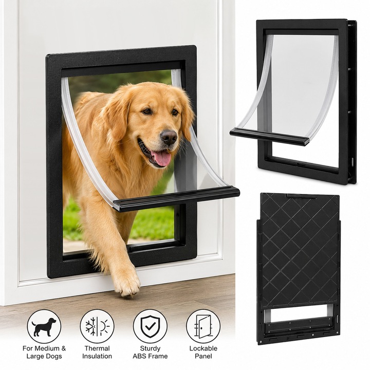 Usa Batanta pentru Animale de Companie, pentru Caini de Talie Medie si Mare, BYONDSELF®, L 46 x 32 x 5cm, cu Perdea Transparenta pentru Usa si Panou Inchis, Izolatie Termica, ABS, Negru
