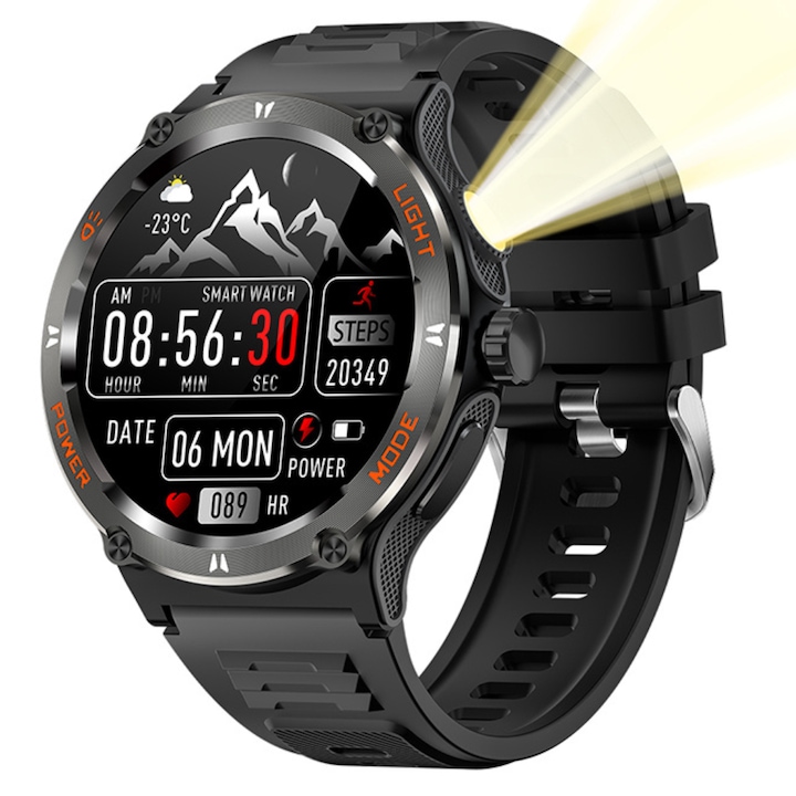 IXIU® okosóra, KT76, okos, fitnesz, sport, alvásfigyelés és egészségügyi mutatók, LED zseblámpa, 3ATM, pulzusszám, vérnyomás, SpO2, szilikon szíj, fekete, DaFit