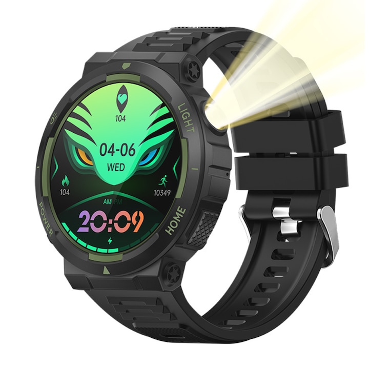 IXIU® okosóra, KT75, okos, fitnesz, sport, alvásfigyelés és egészségügyi mutatók, LED zseblámpa, 3ATM, vérnyomás, pulzusszám, SpO2, szilikon szíj, fekete, DaFit
