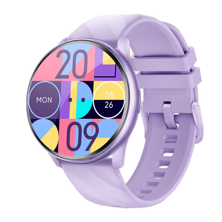 IXIU® okosóra, K77, okos, fitnesz, sport, alvásfigyelés és egészségügyi mutatók, pulzusszám, vérnyomás, SpO2, stressz-szint, szilikon szíj, lila, FitCloudPro
