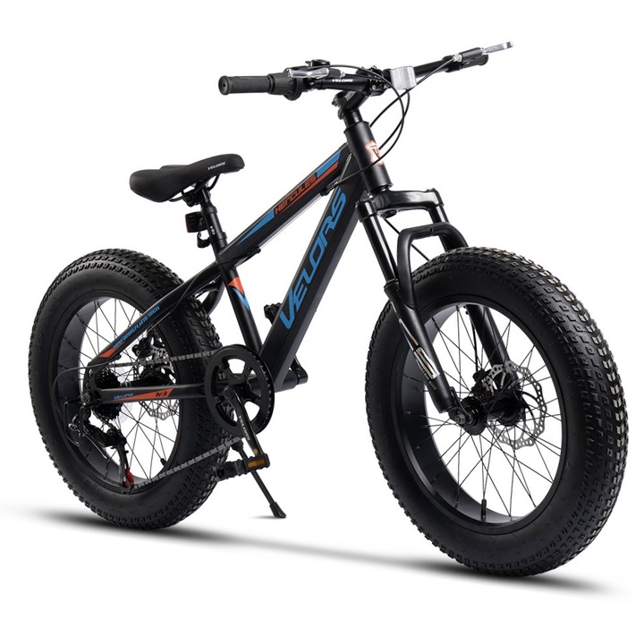 Детски MTB Fat Bike Hercules JSX20235, Velours, 20 инча колело, предна/задна дискова спирачка, оборудване Shimano, 7 скорости, черно със синьо