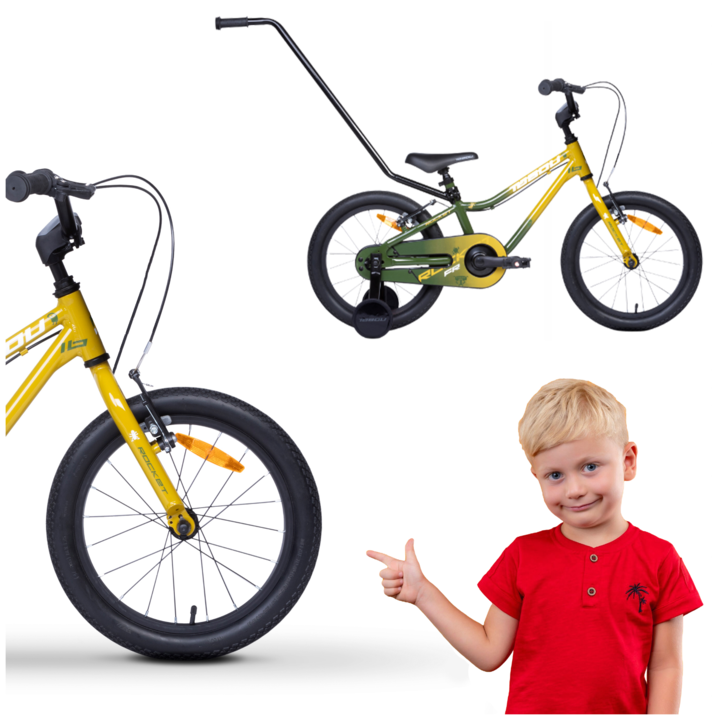 Bicicleta copii, Tabou, Verde-aurie, 14 inci, Pentru baieti, Cu pedale, Protectie pentru lant, Greutate 7 kg, Varsta 6 ani, Inaltime recomandata 100-120 cm, Sistem de franare v-frana, Material cadru aluminiu