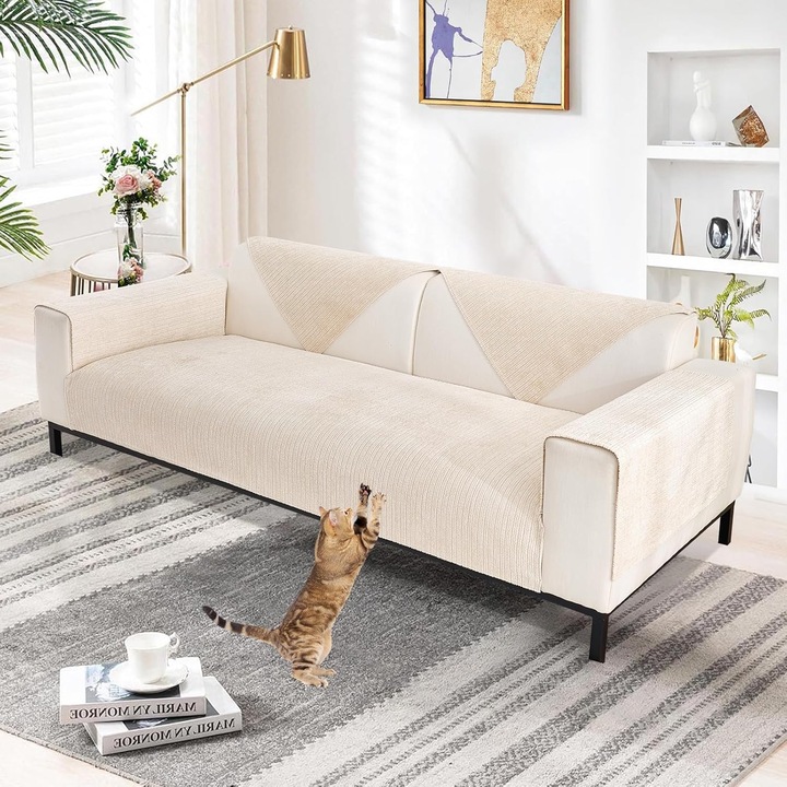Husa de canapea groasa in forma de L pentru canapele de 1/2/3/4 locuri, husa de canapea protectoare, husa universala antiderapanta din blana artificiala pentru sufragerie (chenille alba moale, 70 x 180 cm)