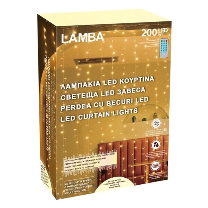 Perdea cu 200 de Becuri LED, Lumini Ritmice, Telecomanda, 2.13x1.89m, de Exterior si Interior, Lumina Calda