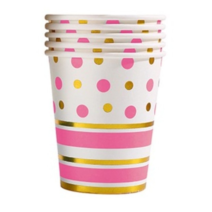 Set 10 Pahare, Leski, Imprimeu cu Buline si Dungi, din Carton, 250 ml, 7.5 x 8.5 x 5.2 cm, Roz/Auriu