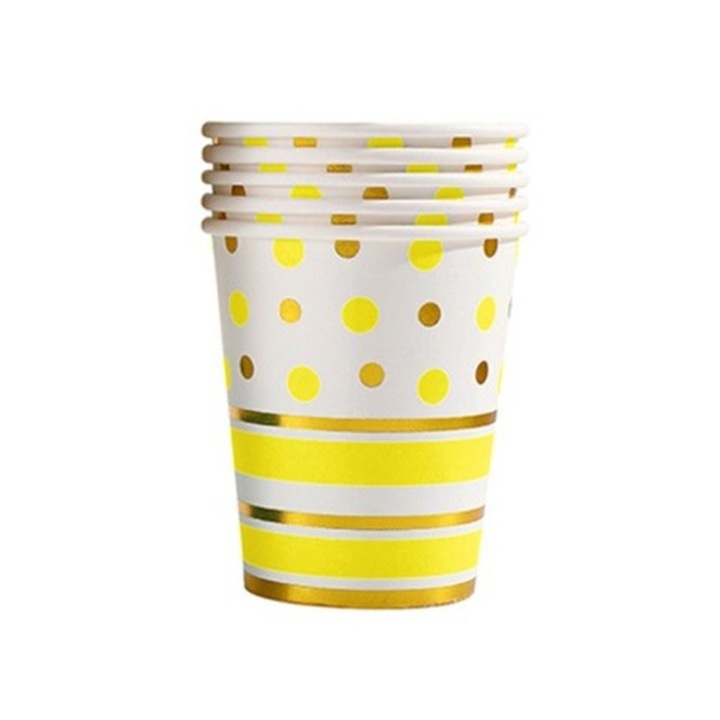 Set 10 Pahare, Leski, Imprimeu cu Buline si Dungi, din Carton, 250 ml, 7.5 x 8.5 x 5.2 cm, Galben/Auriu