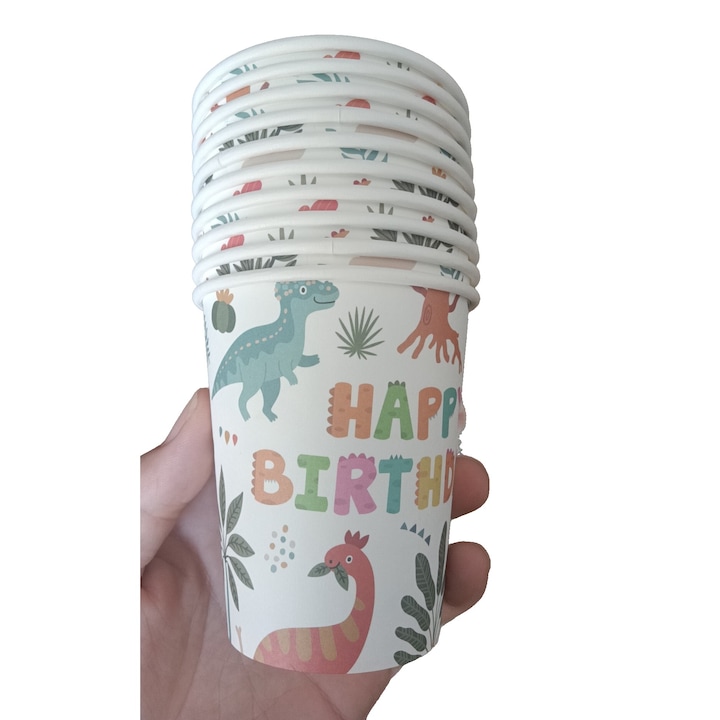 Set 10 Pahare, Leski, Imprimeu cu Dinozaurii, din Carton, 250 ml, 7.5 x 8.5 x 5.2 cm, Multicolor
