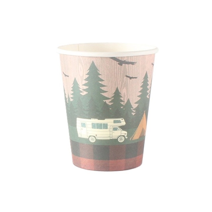 10 db-os készlet pohár, kemping mintás, karton, 250 - 300 ml, 7.5 x 8.4 x 5.3 cm, többszínű