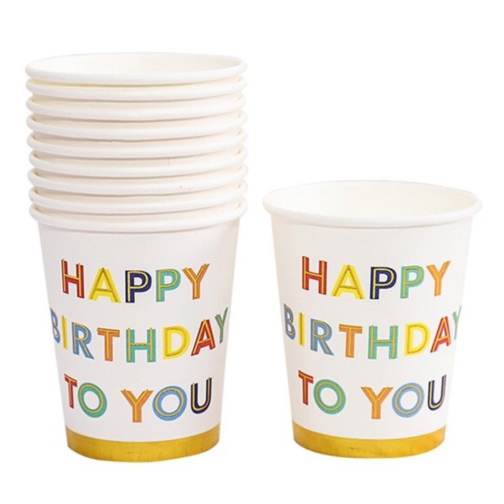 Set 10 Pahare, Leski, Imprimeu Happy Birthday to You, din Carton, 250 ml, 7.5 x 8.5 x 5.2 cm, Multicolor